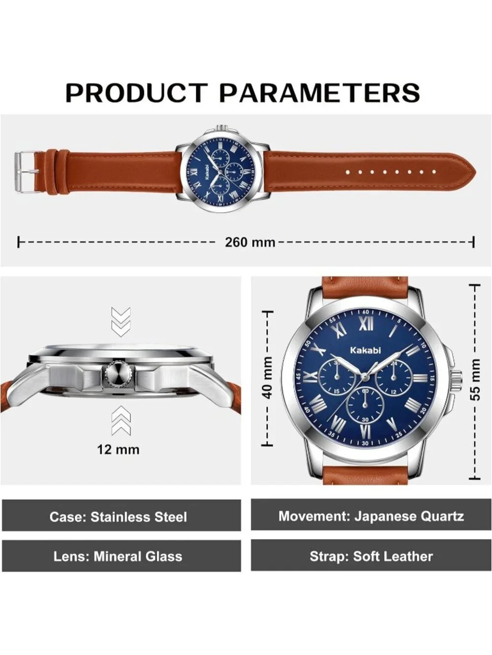 Mens Brown And Blue Analog Quartz Leather Classic Roman Numeral Waterproof Watch